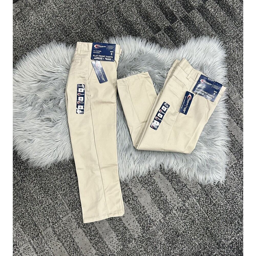 Lot of 2 Premium Wear Boys Size 8 Khaki Flat Front Uniform‎ Pants NWT